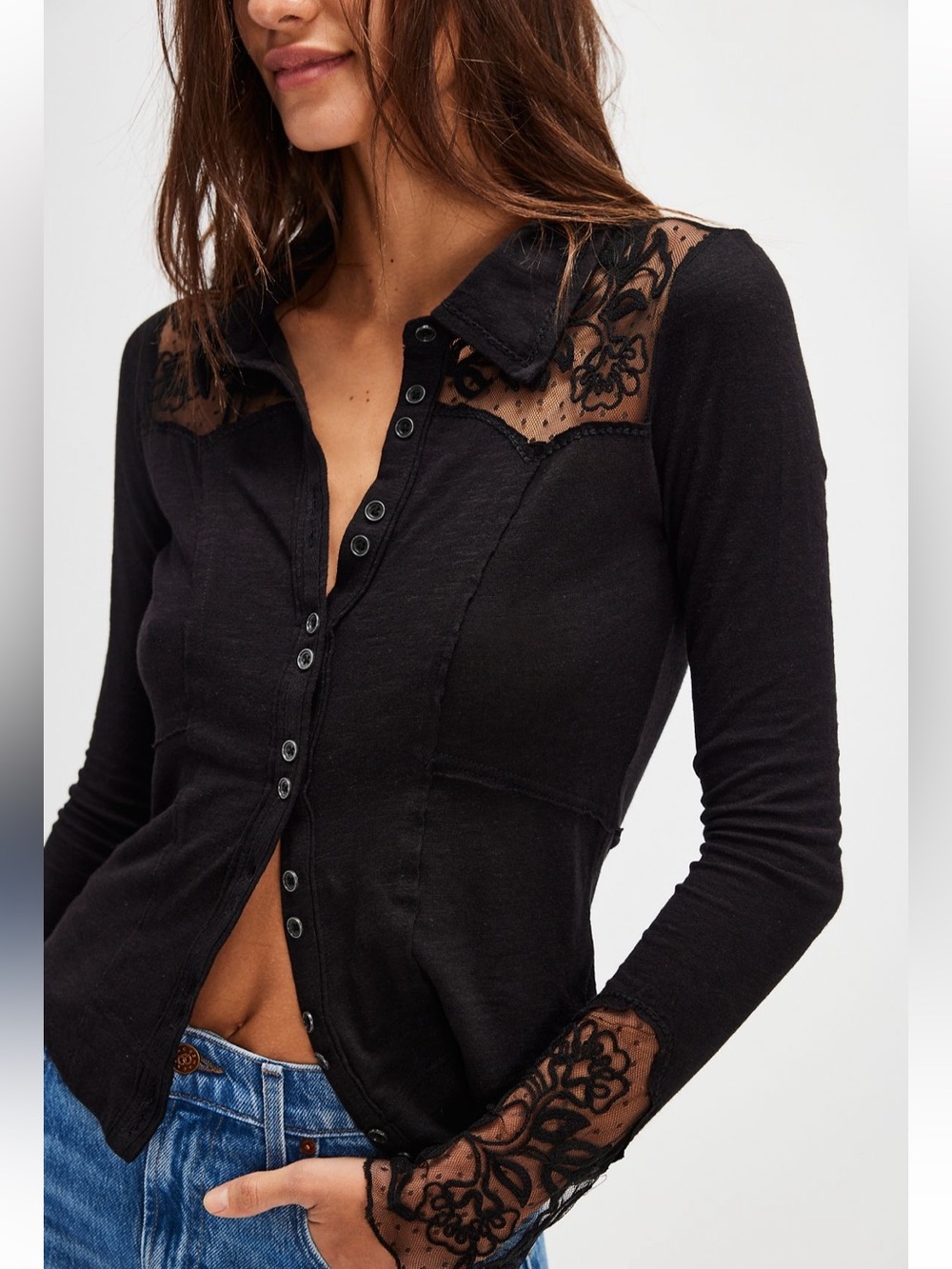 NWOT Free People Black Rosebud Cuff Shirt S